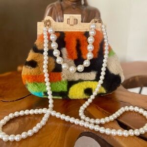 Colorful Faux Fur Shoulder Bag with Pearl Handle